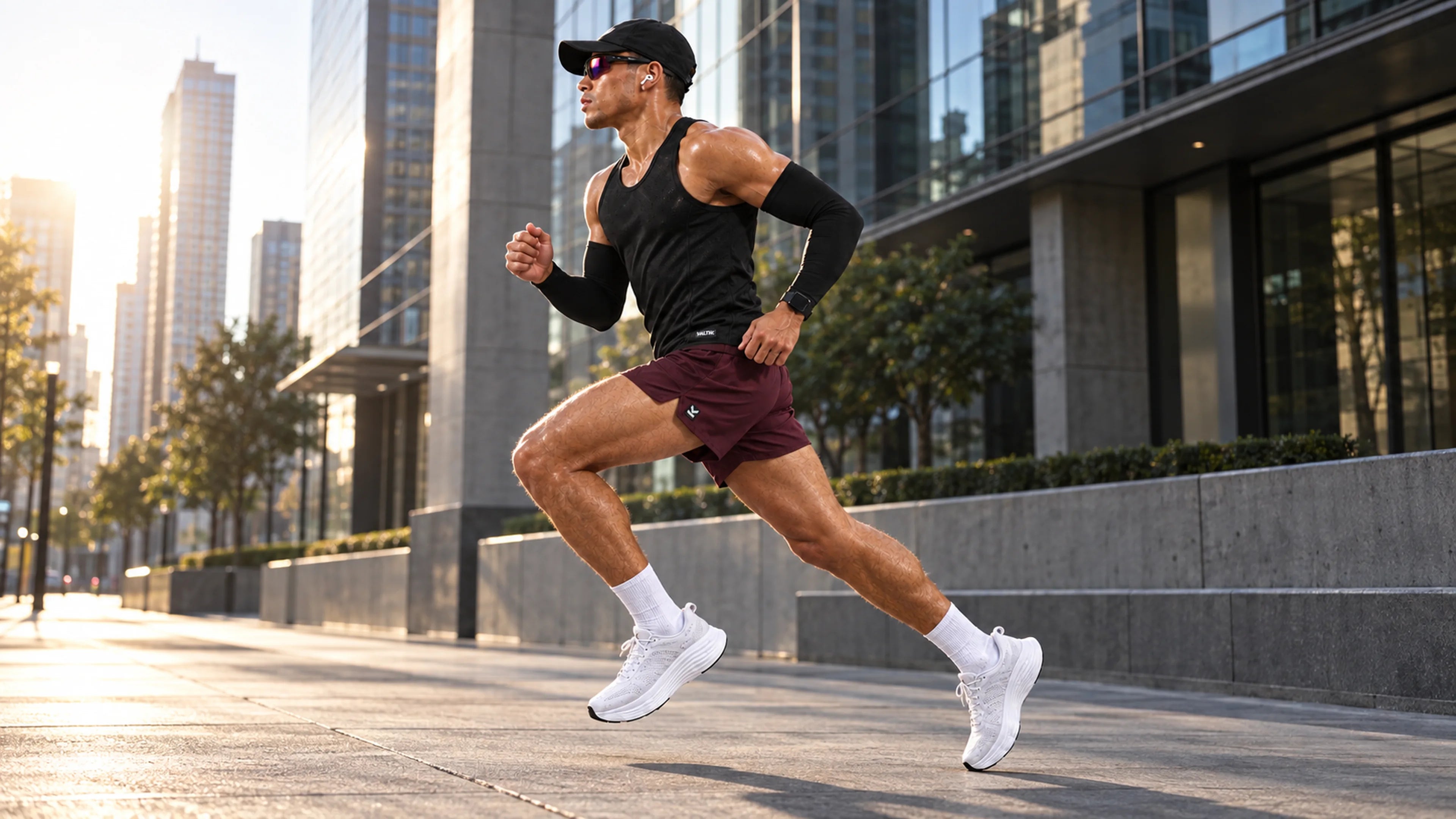 Atleta VALTIK corriendo por la ciudad con short STRIDE color guinda.