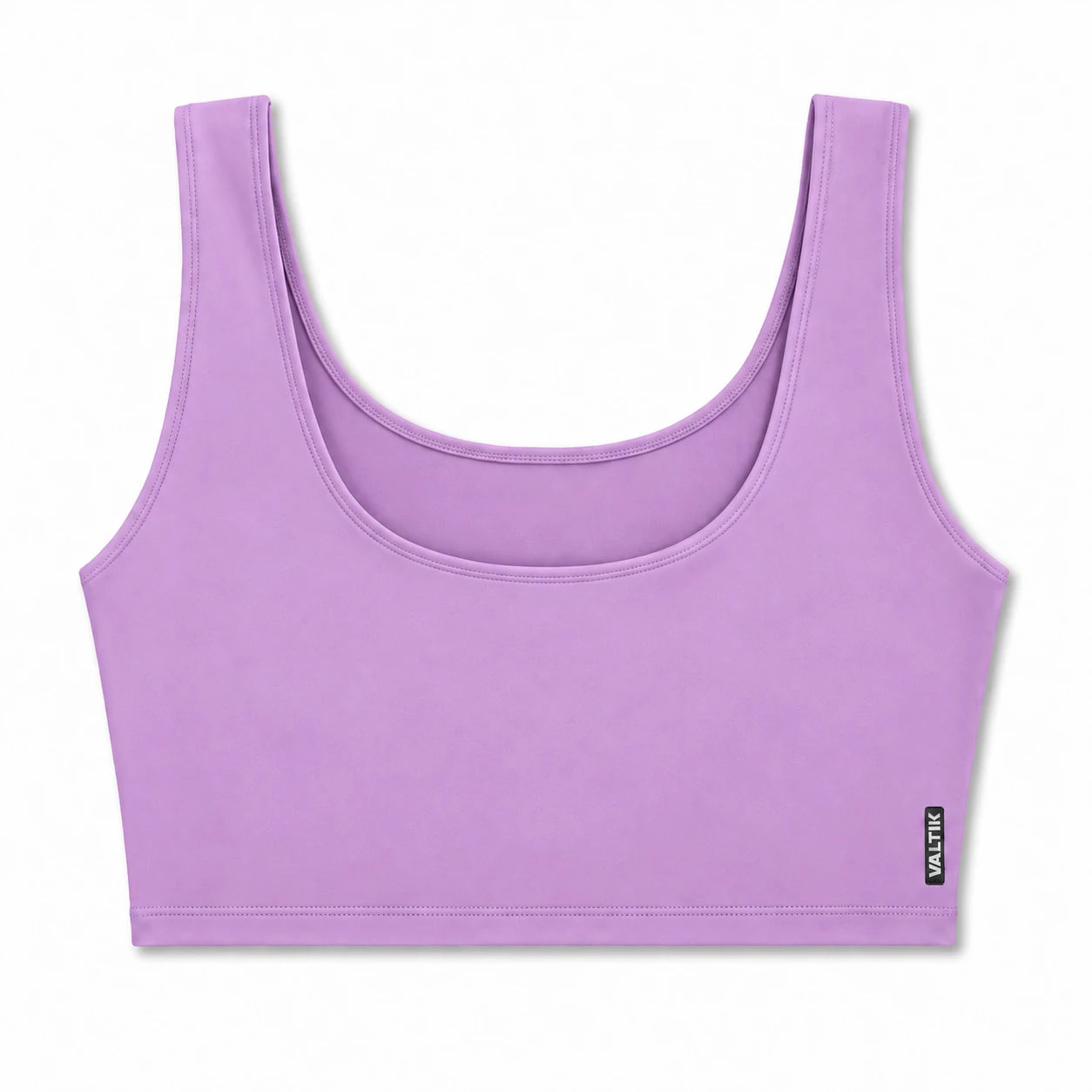 Top deportivo AURA de VALTIK para mujer en lila, vista frontal del producto sobre fondo blanco.