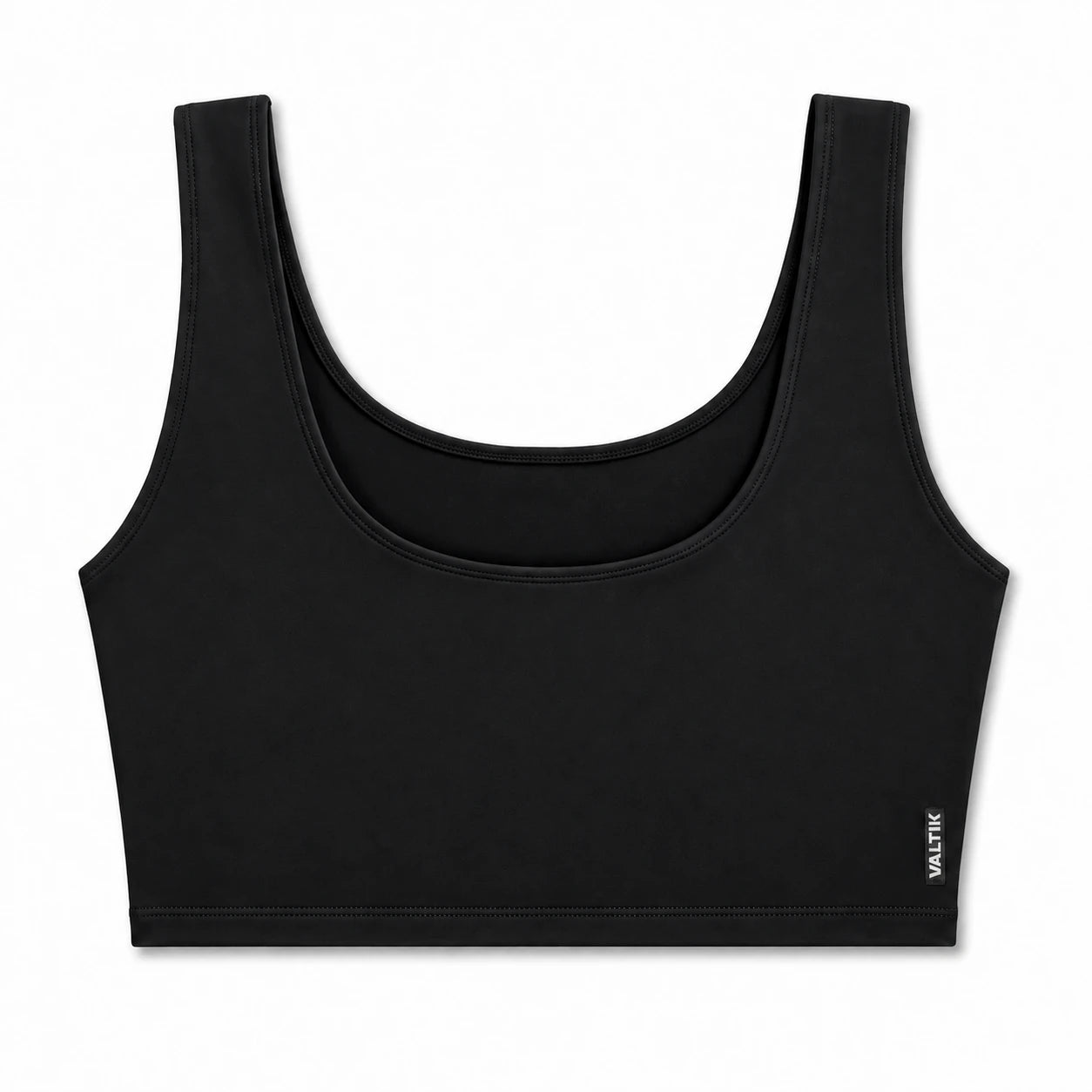 Top deportivo AURA de VALTIK para mujer en negro, vista frontal del producto sobre fondo blanco.