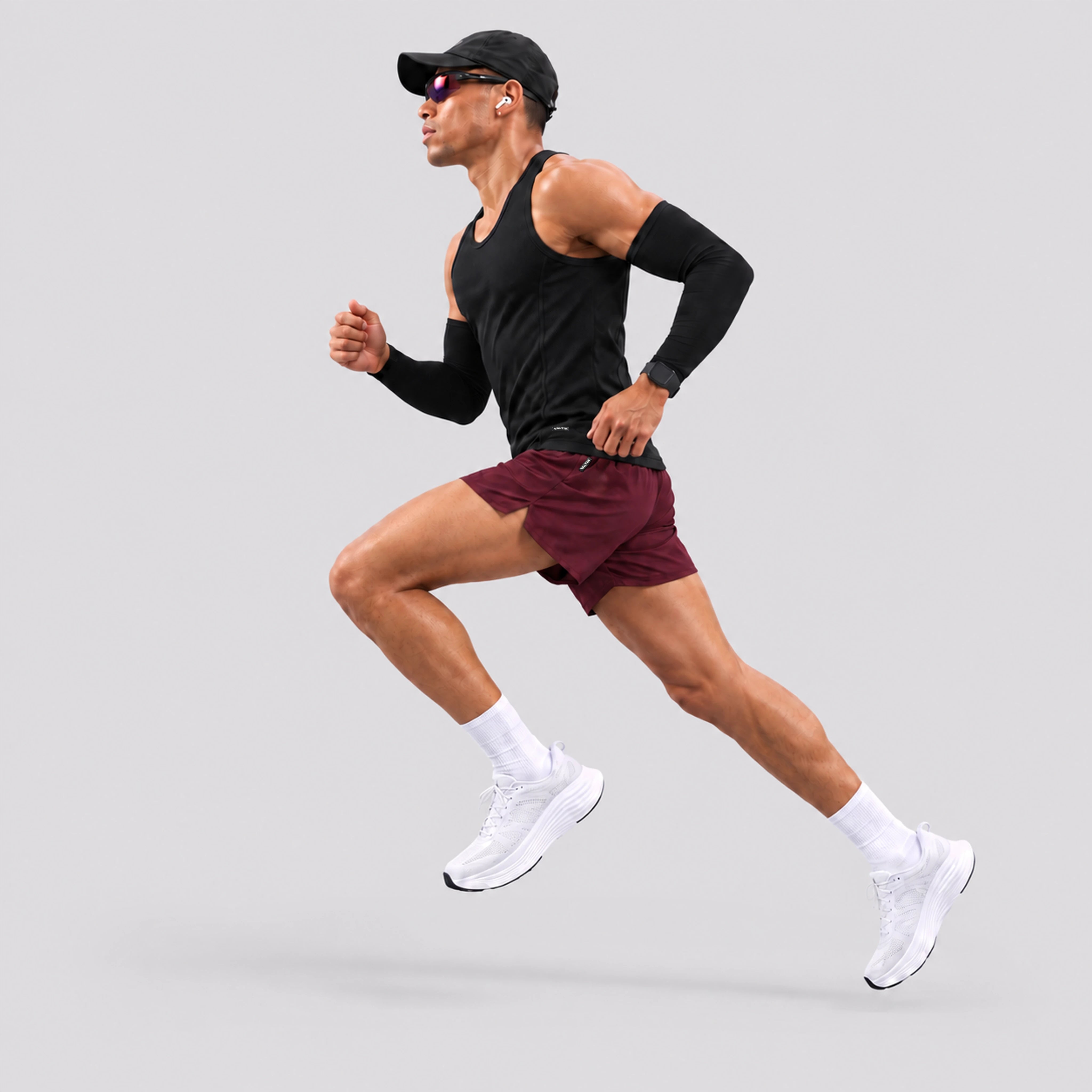 Short deportivo STRIDE de VALTIK para hombre en color guinda, atleta corriendo, vista lateral.