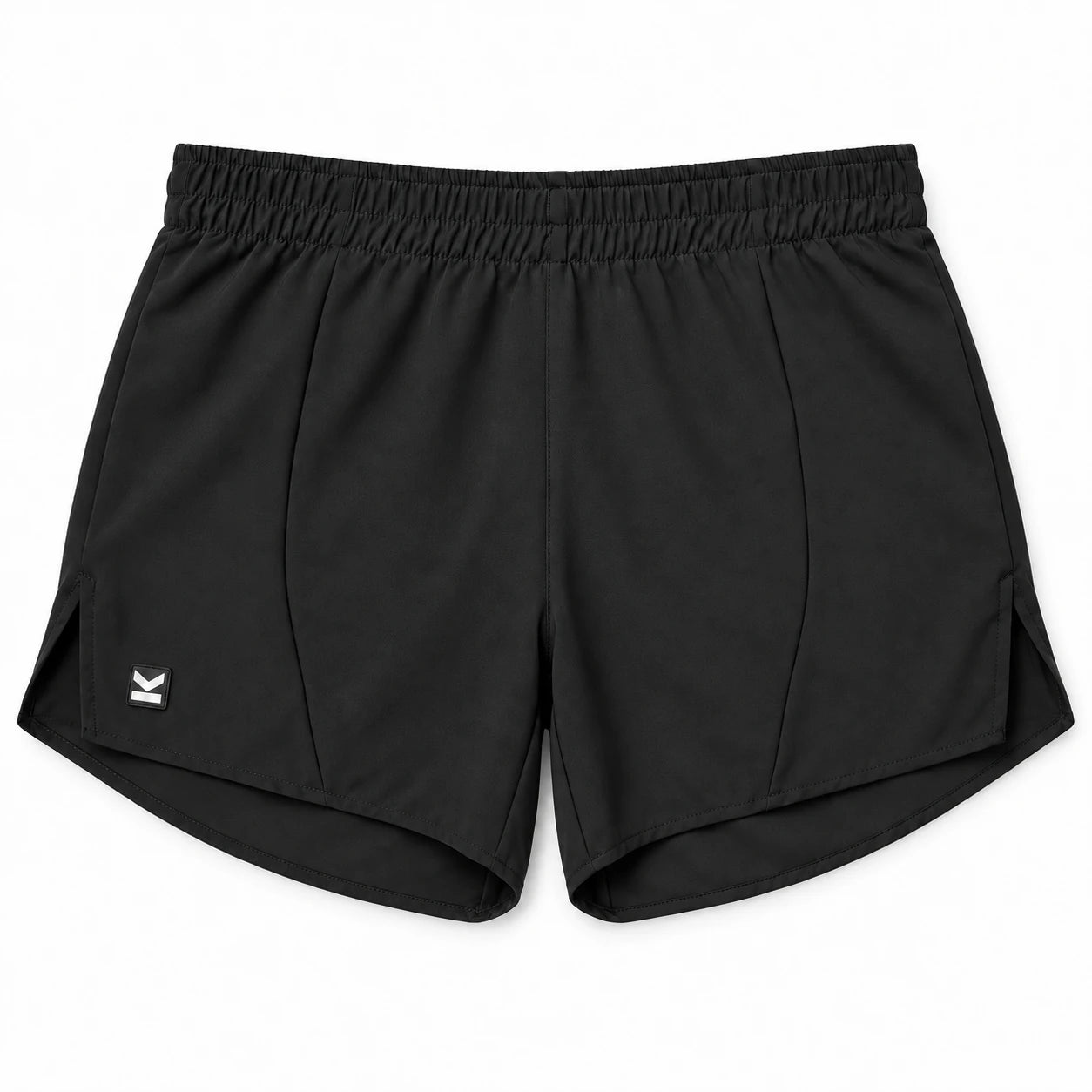Short deportivo STRIDE de VALTIK para hombre en color negro, vista frontal del short extendido sobre fondo claro.