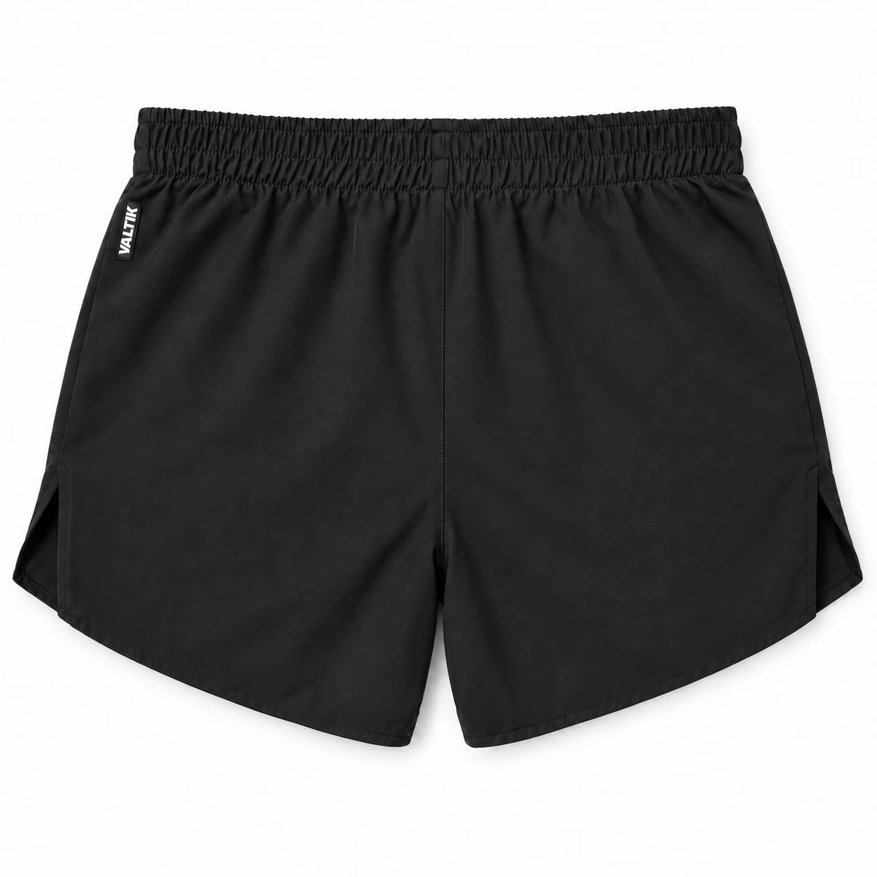 Short deportivo STRIDE de VALTIK para hombre en color negro, vista posterior del short extendido sobre fondo claro.
